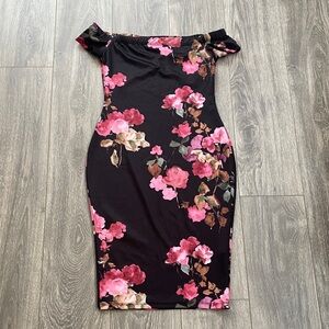 SHEIN - Off The Shoulder Black & Pink Floral Midi Dress - Size M